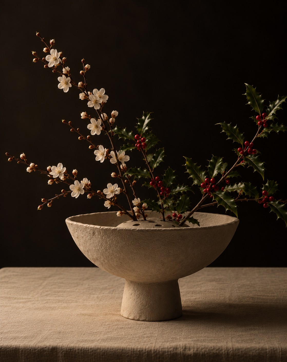 Moody Blossom and Holly Still Life